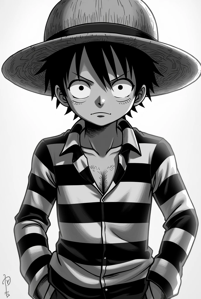 Monkey D. Luffy in black and white striped long sleeve prison uniform