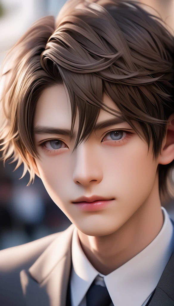 Meticulous, analog style, focus on the eyes, highest quality, (highly detailed skin), very handsome pale-skinned Japanese boy photo, 2, (wearing a suit), perfect face, skin pores, (penetration: 0, 5), white background, (bokeh:0.6), (backlight:0.7), film grain, photographed with Sony A7R IV camera, 18mm F/1.7 cine lens, (highly detailed, intricate details), 8k , HDR, front view, (upper body: 0.9)