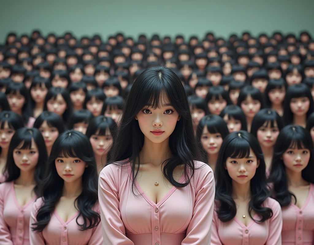 (Japanese Clone-girls=Myself), (Super Best masterpiece Clone-girls Raw Photography Art), (16K, Highest quality, Ultra-high resolution, RAW Photos), (It&#39;s so unrealistic., With unparalleled depiction, With an unfathomable sight, An unprecedented and shocking worldview, Clone-girls: In a world of mass reproduction, Ultra-realistic), (Japanese Girls, 16yo, Small face, Thick black hair, long hair, Dark Eyes, Mature face, かわいいsmile, Smiling face, A gentle gaze, Very pleasant look), (Very beautiful detailed girls, Accurate body structure, Accurate body movements, Very detailed body, (Super big breasts, Large bulge of ample breasts)), (Schoolgirl uniform, Short sleeve, mini skirt, Emphasise the fullness of your breasts), (Very detailed, Myself cloning, Depiction of splitting oneself, 1Myself girl→1,000,000,000,000,000,000,000,000,000,000Myself cloning girls), (Very detailed and intricate, Myself&#39;s body is multiplying, A perfectly matched depiction, (In the same female body,With the same face, With the same hairstyle, In the same clothes, At the same height, 同じSuper big breasts), 1,000,000,000,000,000,000,000,000,000,000 people mass proliferation), (Myself girls only), Academy, gym, stage, academic level, Commemorative photo depiction, Group photo, Tiered stage photography, smile, Front view