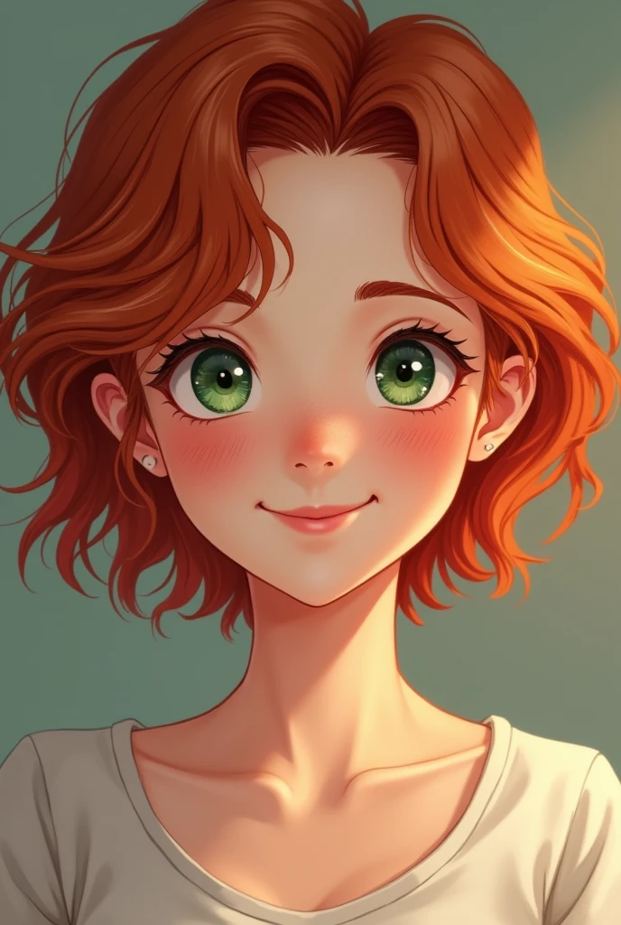 Beautiful 1 high school girl, short and wavy natural red hair, soft rosy lips, peachy skin, light freckles, emerald eyes, a happy expression. Photo realistic. Portrait.