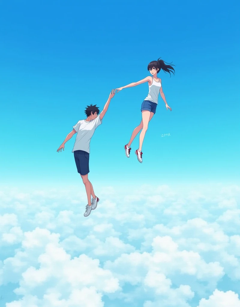 Create a anime style landscape image. Surreal, digitally manipulated image featuring two individuals floating in a clear blue sky above a layer of fluffy white clouds. The layout is vertical, with one person positioned at the top and the other at the bottom. The person at the top is a male with short black hair, wearing a white t-shirt, dark blue shorts, and white sneakers. He is reaching downwards with his right hand extended. The person at the bottom is a female with long black hair tied in a ponytail, wearing a white sleeveless top, blue shorts, and white sneakers with red accents. She is reaching upwards with her left hand extended. Both individuals have light skin tones. The image conveys a sense of weightlessness and freedom.