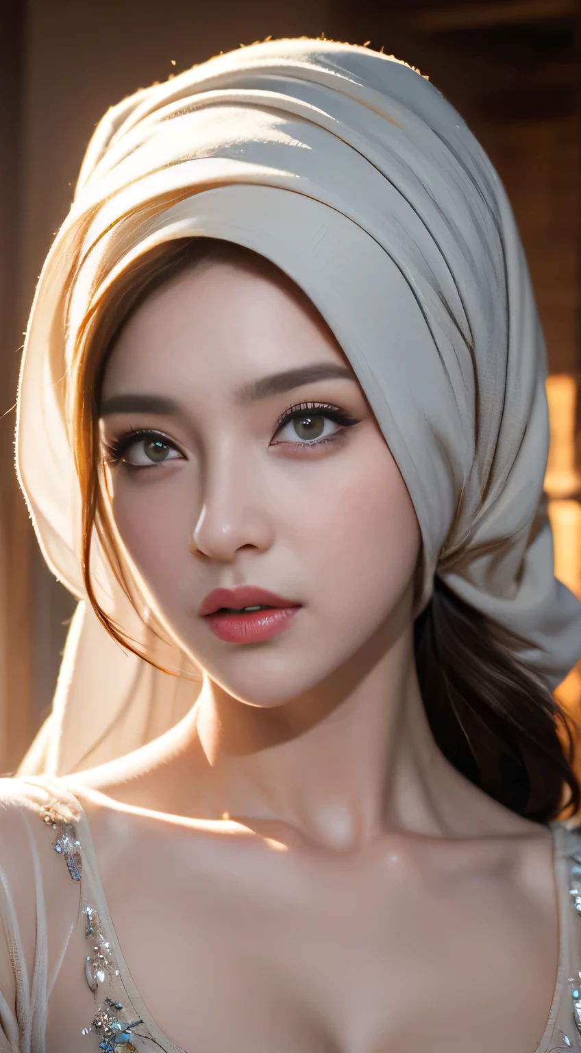 High-quality work，Realistic works，Super premium graphics，8K HD CG works，high quality graphics，High-definition and exquisite CG works，10x pixels，Ultra-fine details：1.1，Advanced technical details：1.1Realistic photo effects，Interior lighting effects：1.5，natural soft light：1.5. Light effect（Virtual light effects：1.8），ultra high resolution，shining dress，sliver long hair，silber hair，transparenthair，high detailed hair（Quality hair details：1.1）Clear eyes，Double eyelids look good，Sharp eye makeup, Create exquisite eyelash makeup, tthin eyebrows, Ultra-detailed eyes，a tall nose, lovely red lips, rosey cheeks, With delicate makeup on her face , pretty face, The face shape is perfectly proportioned,（Advanced facial details：1.1）superhero, mongolian, (((hijabi))), cleavage, reflection light, chiaroscuro, depth of field, cinematic lighting, ray tracing, Sony FE GM, UHD, super detail, masterpiece, textured skin, high details, best quality, award winning，3D,hdr（HighDynamicRange）,Ray tracing,NVIDIA RTX,Hyper-Resolution,Unreal 5,Subsurface scattering、PBR Texture、post-proces、Anisotropy Filtering、depth of fieldaximum definition and sharpnesany-Layer Textures、Albedo e mapas Speculares、Surface coloring、Accurate simulation octane rendering of light-material interactions、Two-colored light、largeaperture、Low ISO、White balance、the rule of thirds、8K raw data, Women's artwork，Dress full body video，Realism，Amazing Cleavage，My eyes are very bright today
