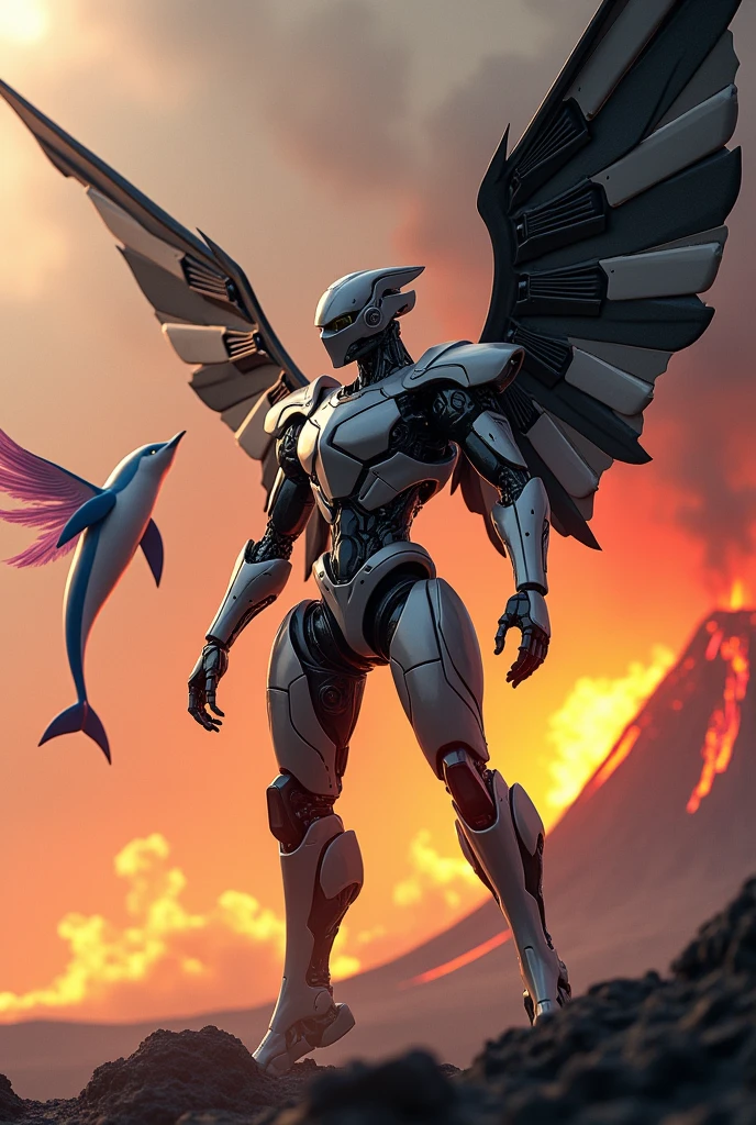 Make a robot with black and white wings and in the background there is fire, on the left a dolphin with wings and it is pink and blue and on the right a volcano