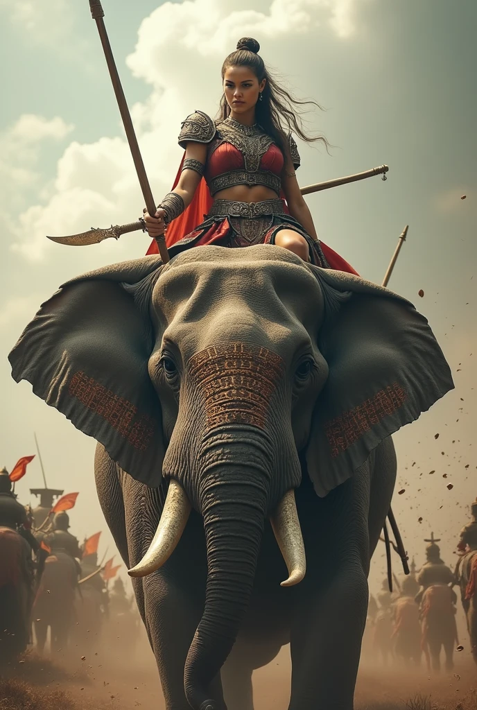 a female worrier riding on the head of an elephant during 16th century with full of aura , holding spears or knife and the photo is taken from the bottom