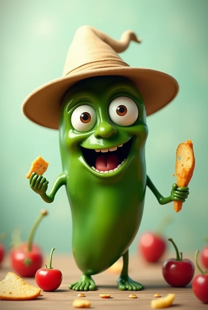 Jalapeño chile with a hat and eating