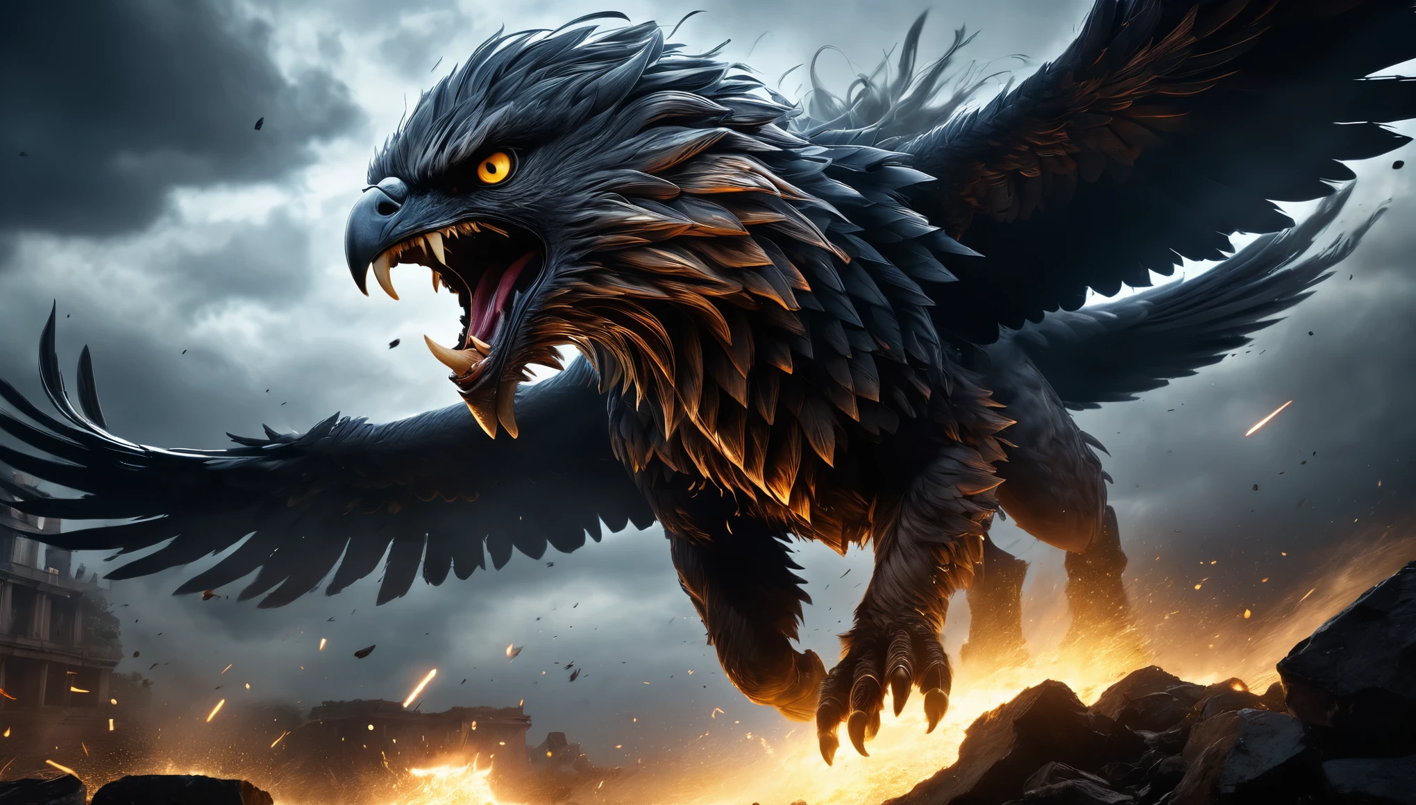 (best quality,4K,8k,highres,masterpiece:1.2),ultra-detailed,Powerful Movement、jump on prey、((Dynamic Jumps)),(realistic,photorealistic,photo-realistic:1.37),Final Showdown,fierce battle,explosive energy,dynamic movements,dramatic lighting,loud explosions,metallic clangs,blazing fire,powerful magic,thundering roars,ultimate clash,epic confrontation,intense expressions,majestic ruins,fallen debris,floating dust particles,ominous dark clouds,stormy atmosphere,fearless warriors,gleaming weapons,glowing sigils,energy surges,rippling shockwaves,moment of truth,tremendous impact,ferocious royal beast griffon,intense adrenaline,unyielding determination,eye-catching silhouettes,iconic poses,endless cinematic action,unforgettable climax.