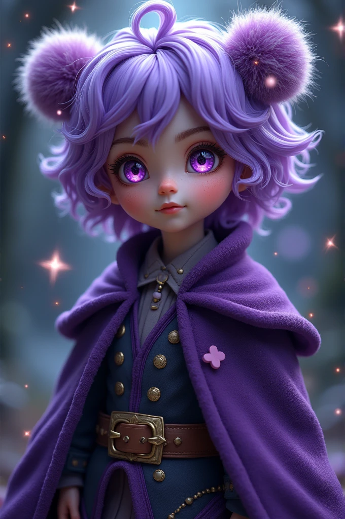 A wizard cute boy, about 20 years old, he has stars in his eyes, he has purple hair, his hair is curly, he is dressed in purple clothes all over, there are two purple fluffy balls on his hair, he himself is a star boy
and in Dark Fantasy