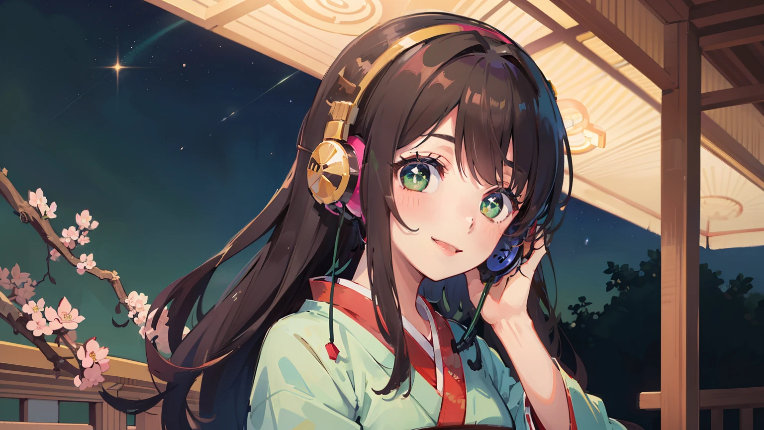 (masterpiece), (best quality), ultra high res, sharp focus, ((1 woman, solo)), modern theme aesthetic, in the pink blossom garden, (at the afternoon time:1.2), upper body, magazine cover, beautiful detailed hair, chestnut brown hair, long hair tumbles down, ((beautiful shape eyes, green eyes)), beautiful detailed face, perfect feminine face, comfortable face, look at the viewer, smiles, colorful japanese kimono, ((headphones)), ((background: night, starry sky)), ((ukiyo-e style)), ((smile)), ((1 girl)),