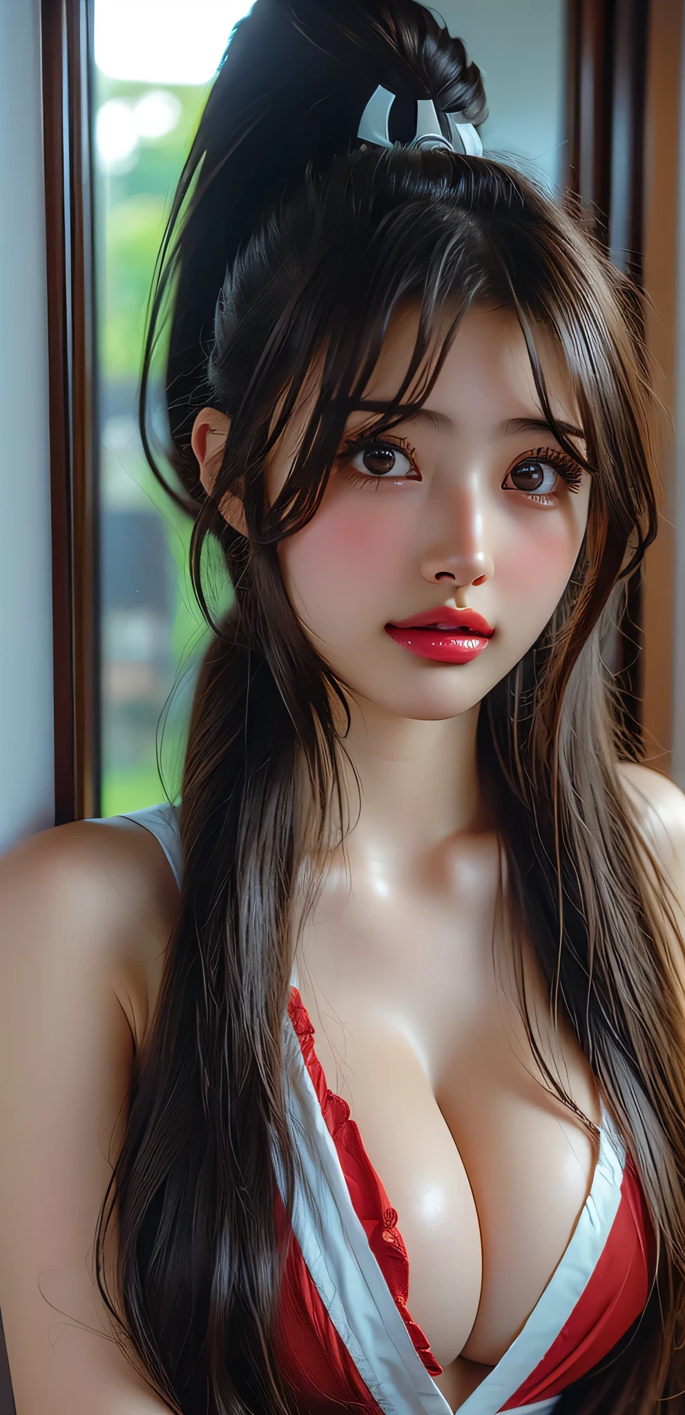 woman((20-year-old)), Body hair((Wavy, Brown Hair)), eyeball((Eye of Wisdom)),  accessories ((Body hair ornaments)), ponytail，big , Cleavage，Huge breasts, Japan person makeup, smile,  Huge breasts, bursting Huge breasts, Skin details, Large Breasts, Wide Hips, whole body，Huge breasts，prison，cage，mai shiranui,((Round-faced idol&#39;s whole body))