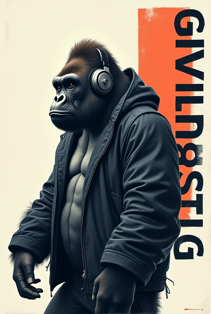 A gorilla wearing a jacket over his head...listening to music through headphones...on one side, music is written in bold font from top to bottom.
