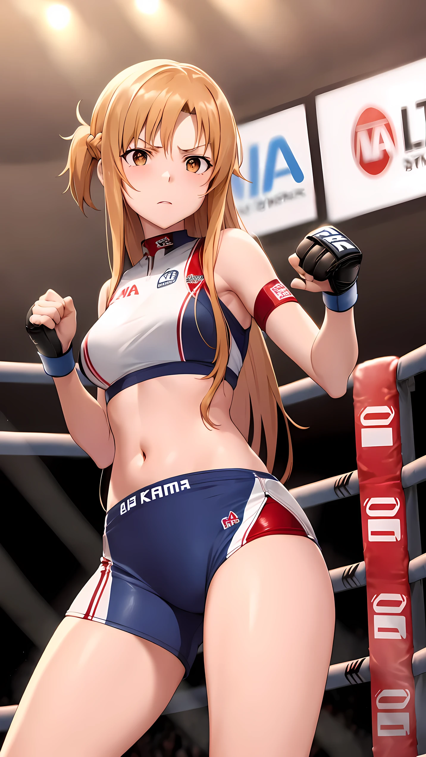 Asuna yuki(Sword Art Online), Dynamic Angle, Long bronze hair,Braiding,Brown eyes,Detailed eyes,Large bust line,(wearing MMA uniform:1.5, thigh, belly button), Roll Forward,Genuine,Her slim legs are really cute.,Very beautiful long legs, Perfect body,Genuine,(Independent),(on MMA Arena :1.5),angry, From below,Fighting, Attacking, Ultra HD,Detailed eyes,Detailed face,cowboy shot,