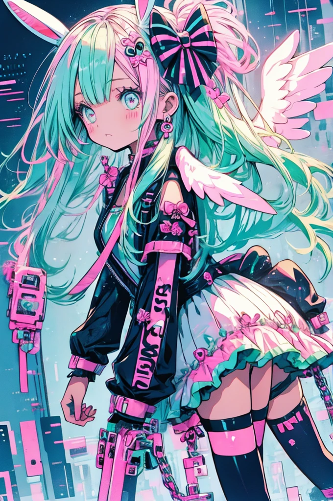 cute anime girl, pastel goth, bunny ears, bright pink and mint green mesh hair, white harajuku gothloli outfit, pink accessories, angel halo, holding chains, striped stockings, kawaii horror, vibrant colors, detailed vector art, playful and creepy, speech bubbles, organized chaos