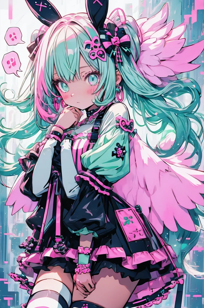 cute anime girl, pastel goth, bunny ears, bright pink and mint green mesh hair, white harajuku gothloli outfit, pink accessories, angel halo, holding chains, striped stockings, kawaii horror, vibrant colors, detailed vector art, playful and creepy, speech bubbles, organized chaos