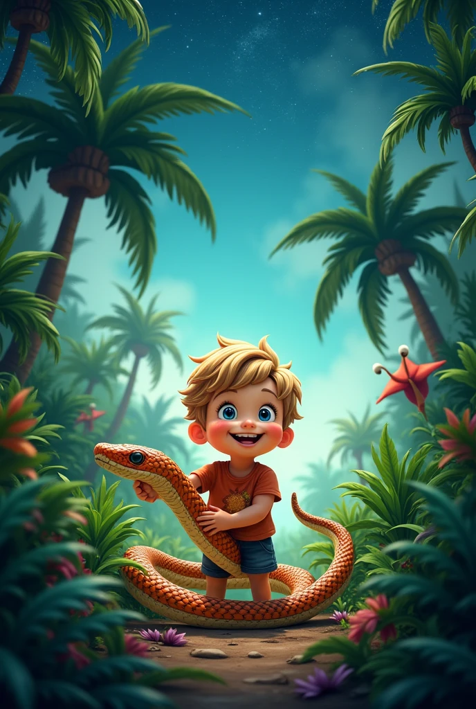 A boy with blond hair and blue eyes, Happy boy playing with a poisonous snake in a tropical jungle with starry sky 