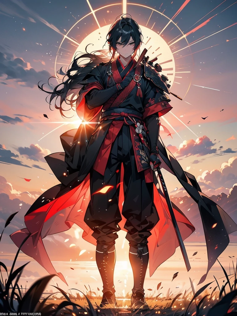 a samurai stands alone in a field at sunset, he gazed motionless at the glowing light, and in the outlines of the sun, the image of his beloved is barely visible