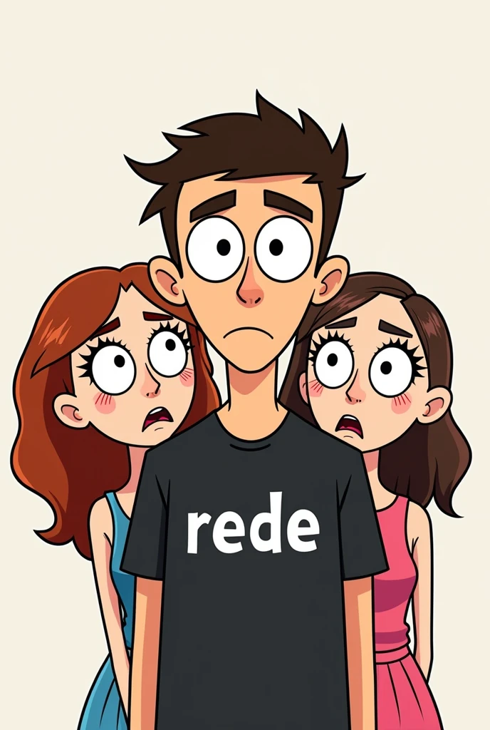 A cartoon text that say "REDE" with a simple cartoon in the fairly odd parents but he's in the serious or emotionless mode and wears a black shirt and no cares on girls beside him, the girls seems so I love with him but he don't care, make this as a album cover photo