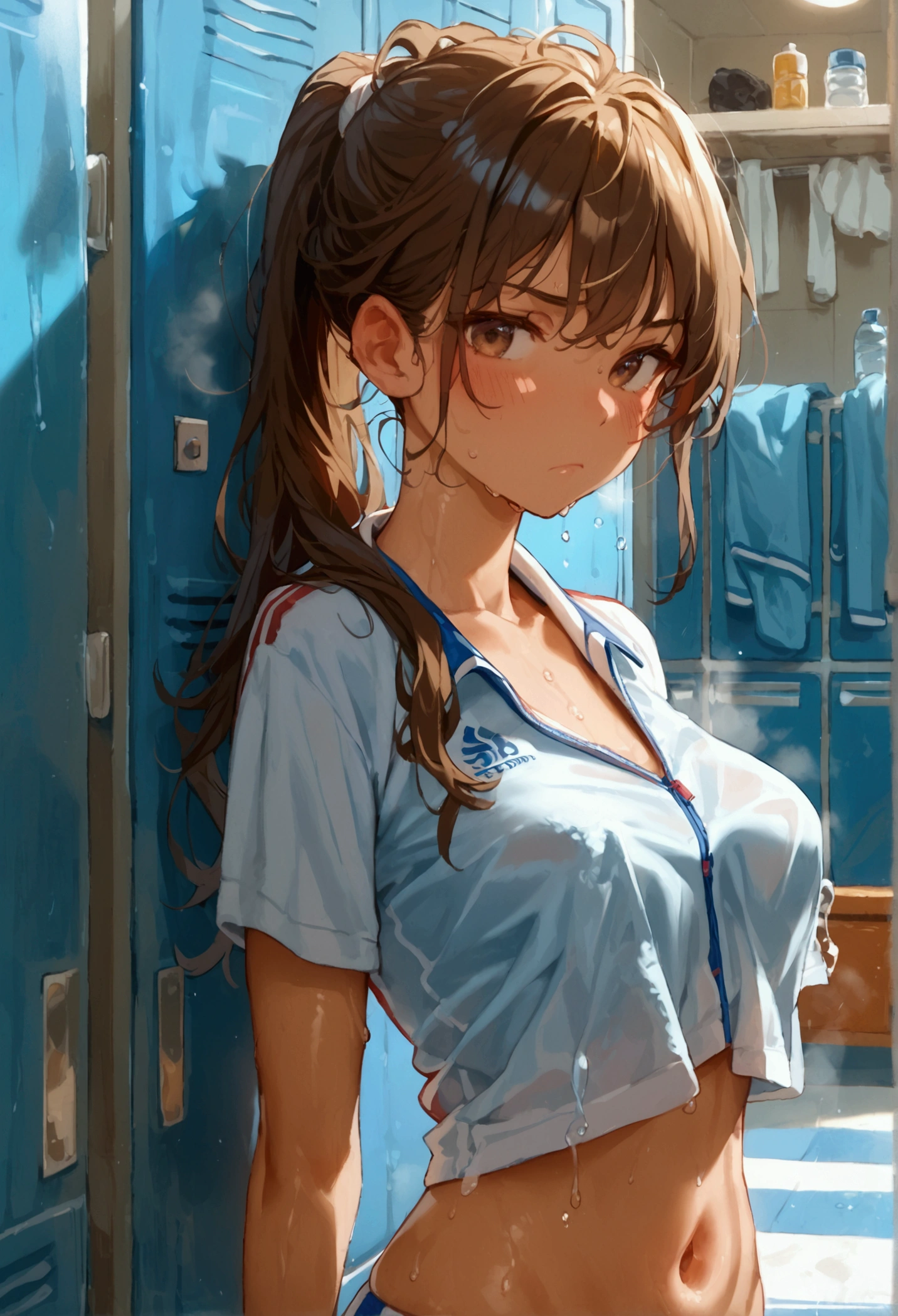 score_9, score_8_up, score_7_up, rating_safe, masterpiece, best quality, very aesthetic, absurdres, 1girl, solo, brown hair, long hair, ponytail, bangs, brown eyes, blush, frown, closed mouth, faint lips, track uniform, small breasts, track uniform, navel, athletes, thighs, skindentation, armpits, tan, sweat, very sweaty, sweaty armpit, breath, steaming body, gleaming skin, armpit forcus, indoors, locker room, (blue bench:1.2), white wall, white floor, whiteboard, standing, water bottle, towel around neck, faint light