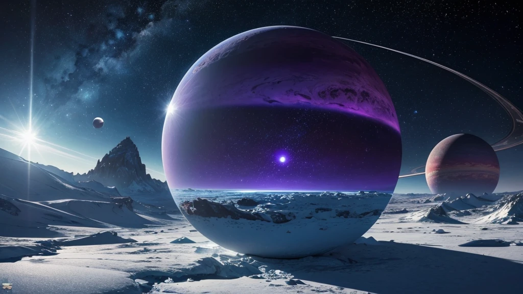 ((masterpiece)),((Highest quality)),((High Detail)),nobody,background, sf, base, Space probe, Multiple planets, Ice and desert, Blue and purple rays