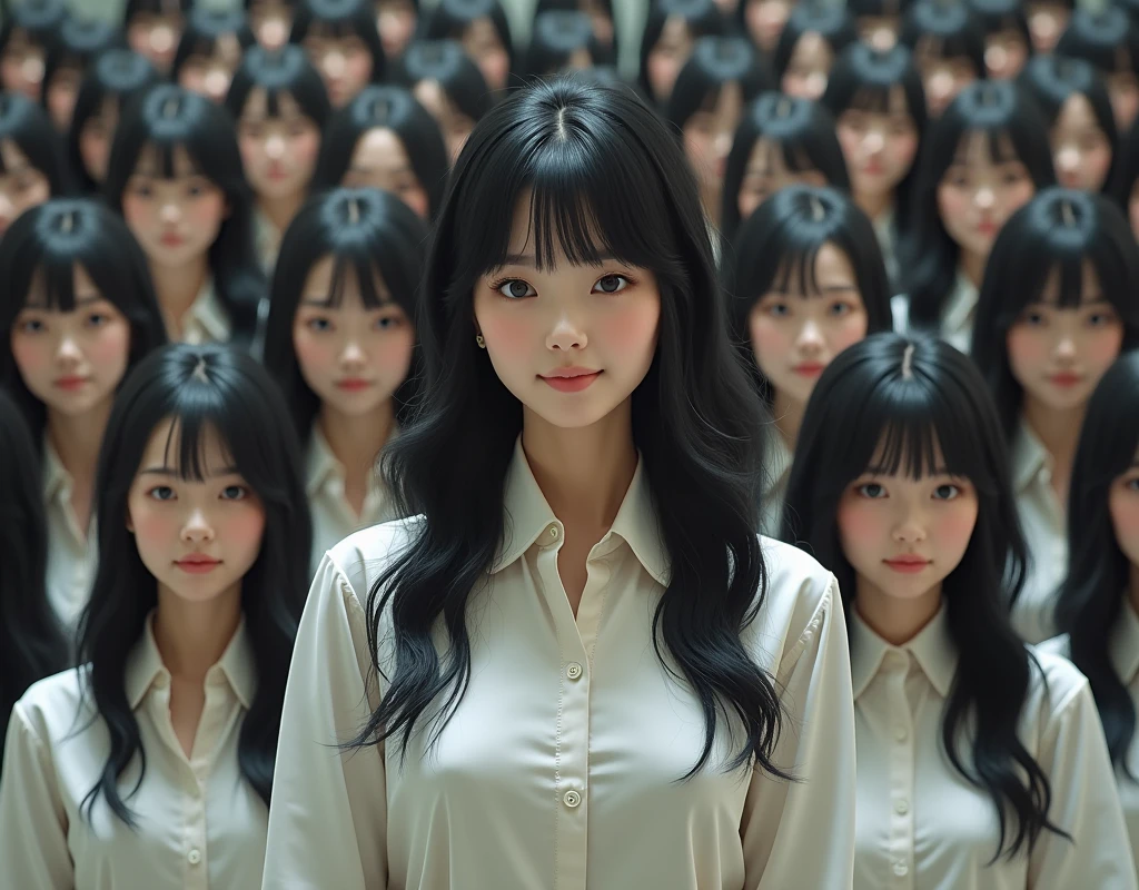 (Japanese Clone-girls=Myself), (Super Best masterpiece Clone-girls Raw Photography Art), (16K, Highest quality, Ultra-high resolution, RAW Photos), (It's so unrealistic., With unparalleled depiction, With an unfathomable sight, An unprecedented and shocking worldview, Clone-girls: In a world of mass reproduction, Ultra-realistic), (Japanese Girls, , Small face, Thick black hair, long hair, Dark Eyes, Mature face, かわいいsmile, Smiling face, A gentle gaze, Very pleasant look), (Very beautiful detailed girls, Accurate body structure, Accurate body movements, Very detailed body, (Super big breasts, Large bulge of ample breasts)), (Schoolgirl uniform, Short sleeve, mini skirt, Emphasise the fullness of your breasts), (Very detailed, Myself cloning, Depiction of splitting oneself, 1Myself girl→1,000,000,000,000,000,000,000,000,000,000Myself cloning girls), (Very detailed and intricate, Myself's body is multiplying, A perfectly matched depiction, (In the same female body,With the same face, With the same hairstyle, In the same clothes, At the same height, 同じSuper big breasts), 1,000,000,000,000,000,000,000,000,000,000 people mass proliferation), (Myself girls only), Academy, gym, stage, academic level, Commemorative photo depiction, Group photo, Tiered stage photography, smile, Front view