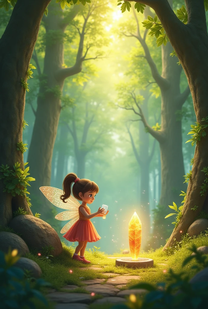 Create an AI image(for youtube thumbnail) of a magical forest scene featuring a young girl, Lily, and a glowing fairy named Sparkle. The setting should be deep within a lush, green forest with towering trees that reach up to the sky, their leaves shimmering like gold in the sunlight. Lily is standing beside a large stone in the center of the forest, where she has just placed a crystal from Moon Lake, a golden leaf from the Wisdom Tree, and a silver feather from the Guardian Owl. The forest is lit up with a brilliant, ethereal light, and Sparkle, the tiny glowing fairy with wings, is fluttering near Lily, smiling with gratitude. The atmosphere should feel mystical and enchanting, capturing the moment the forest's magic is restored.