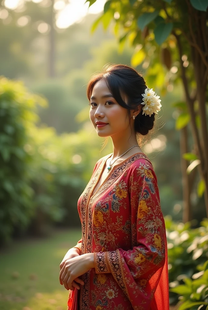The bride wears Sundanese traditional clothes with a jasmine flower necklace
