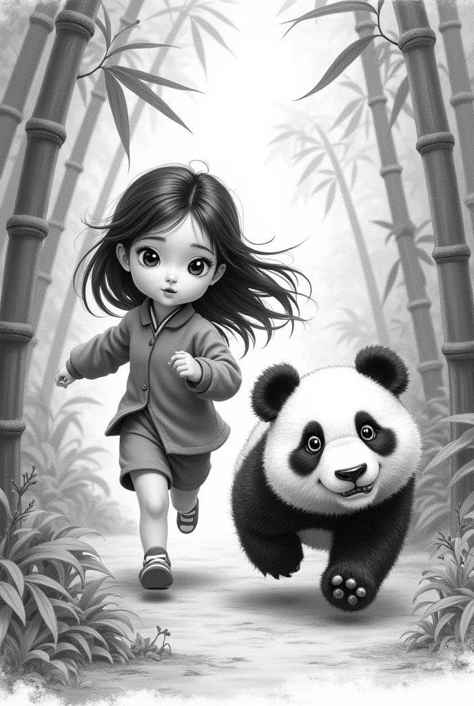 A Chinese girl chasing a panda drawn in pencil