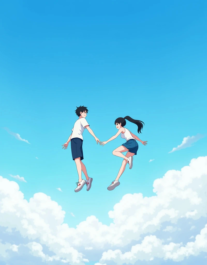 Create a anime style landscape image. Surreal, digitally manipulated image featuring two individuals floating in a clear blue sky above a layer of fluffy white clouds. The layout is vertical, with one person positioned at the top and the other at the bottom. The person at the top is a male with short black hair, wearing a white t-shirt, dark blue shorts, and white sneakers. He is reaching downwards with his right hand extended. The person at the bottom is a female with long black hair tied in a ponytail, wearing a white sleeveless top, blue shorts, and white sneakers with red accents. She is reaching upwards with her left hand extended. Both individuals have light skin tones. The image conveys a sense of weightlessness and freedom.