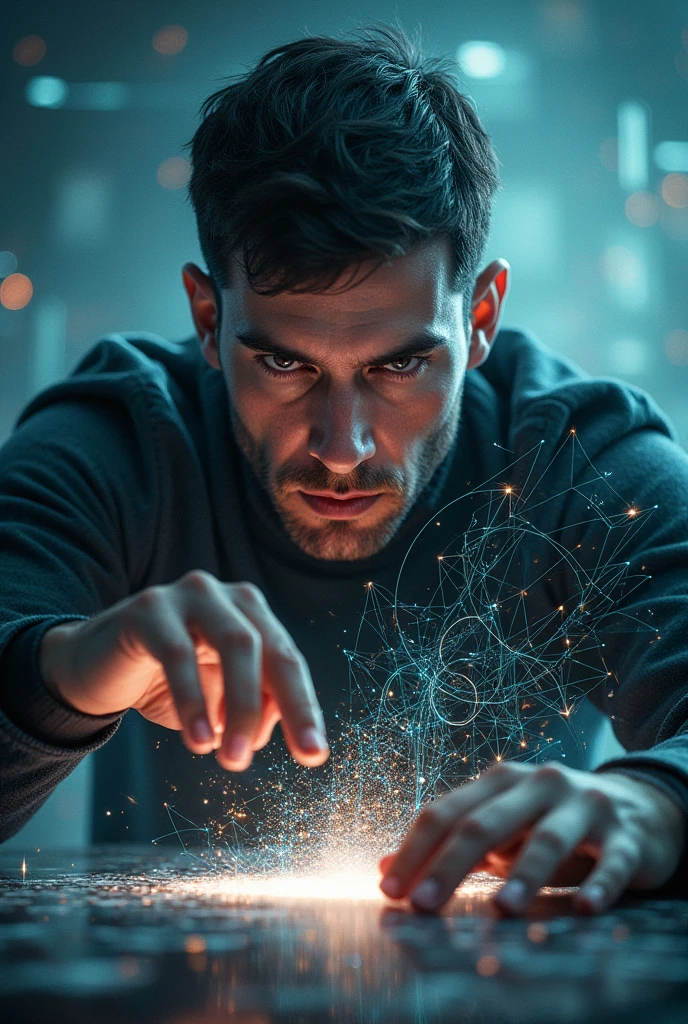 Create an image that contains everything that technology, programming in which you are handling geometric shapes and mathematical and physical formulas, that is Eng, let it be a man 
