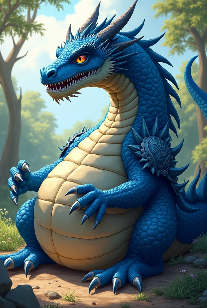 A blue dragon with a full belly, muscular, vore, imprint on belly, big bulge, illustration, ultra-detailed, realistic, sharp focus, vivid colors, daytime lighting, motion lines, tribal armor, laying on belly