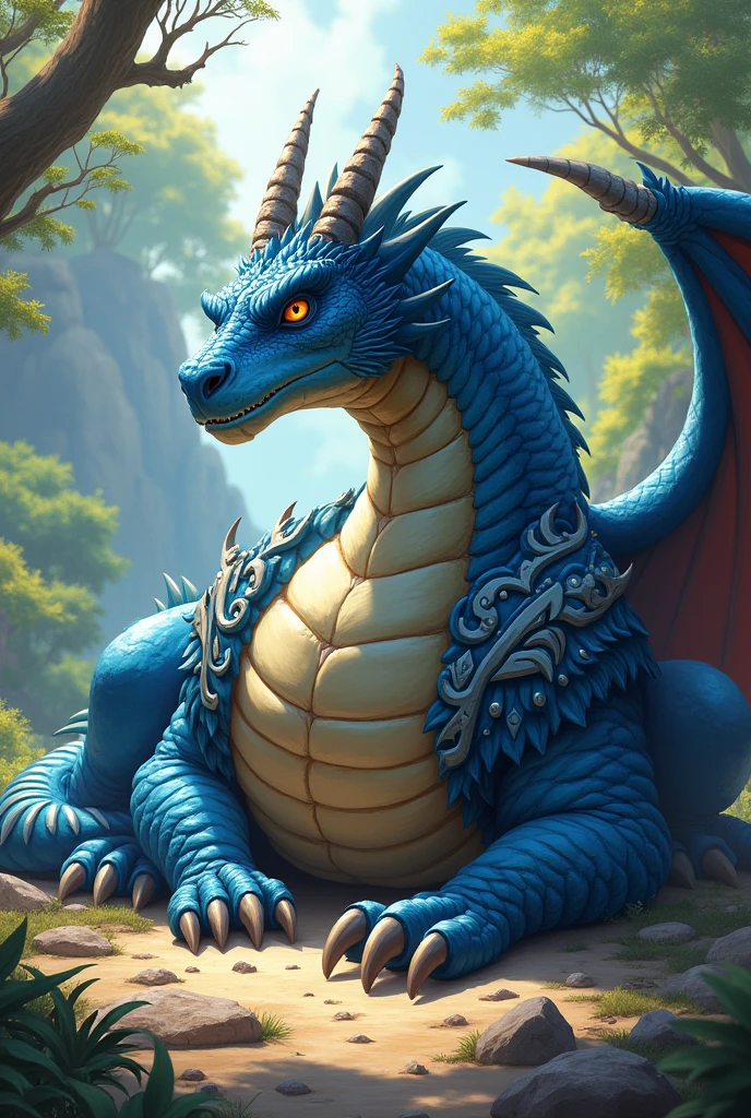 A blue dragon with a full belly, muscular, vore, imprint on belly, big bulge, illustration, ultra-detailed, realistic, sharp focus, vivid colors, daytime lighting, motion lines, tribal armor, laying on belly