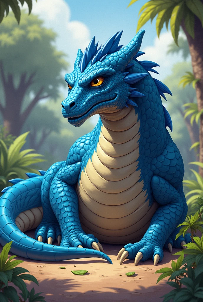 A blue dragon with a full belly, muscular, vore, imprint on belly, big bulge, illustration, ultra-detailed, realistic, sharp focus, vivid colors, daytime lighting, motion lines, tribal armor, laying on belly