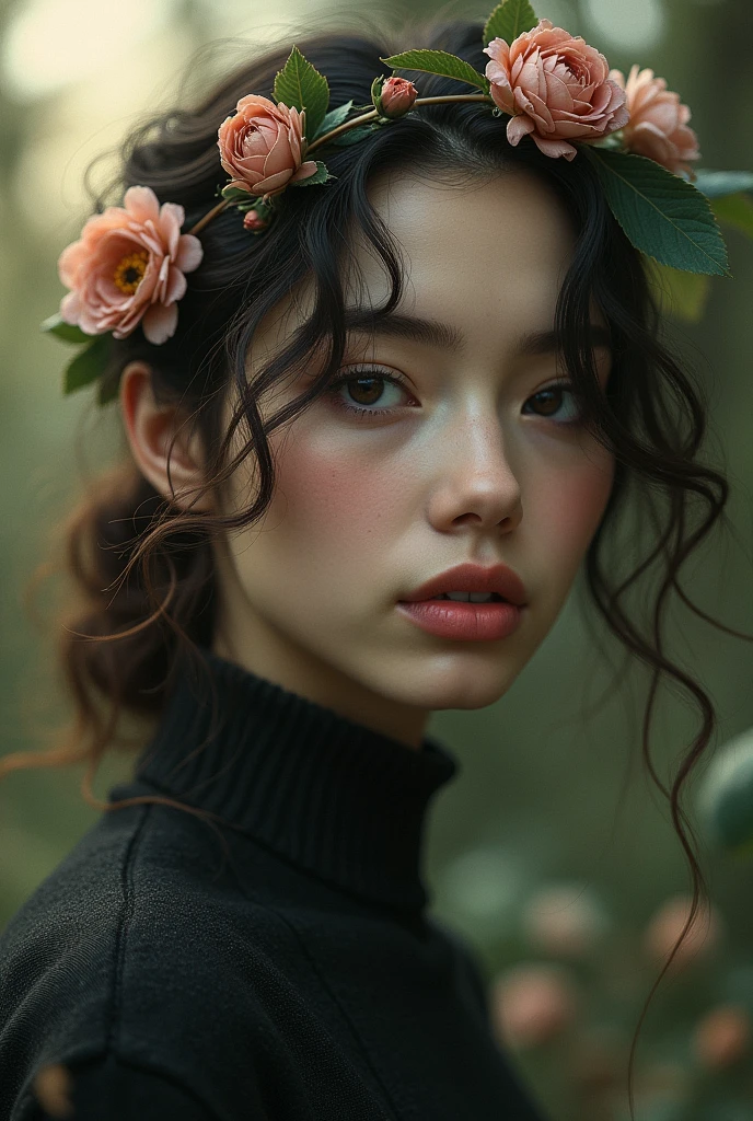 A high-resolution, realistic style photo representing the INFP-T personality type. The image portrays a quiet and humble appearance, with a vivid inner life full of passion and creativity. The subject is lost in daydreams, with an imaginative mind and a deep emotional response to music, art, and nature. Like spring flowers, they blossom even after the darkest seasons, embodying a serene and introspective presence with subtle energy and contrasting inner vitality.