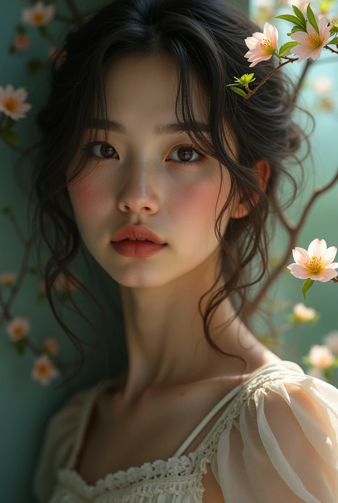 A high-resolution, realistic style photo representing the INFP-T personality type. The image portrays a quiet and humble appearance, with a vivid inner life full of passion and creativity. The subject is lost in daydreams, with an imaginative mind and a deep emotional response to music, art, and nature. Like spring flowers, they blossom even after the darkest seasons, embodying a serene and introspective presence with subtle energy and contrasting inner vitality.