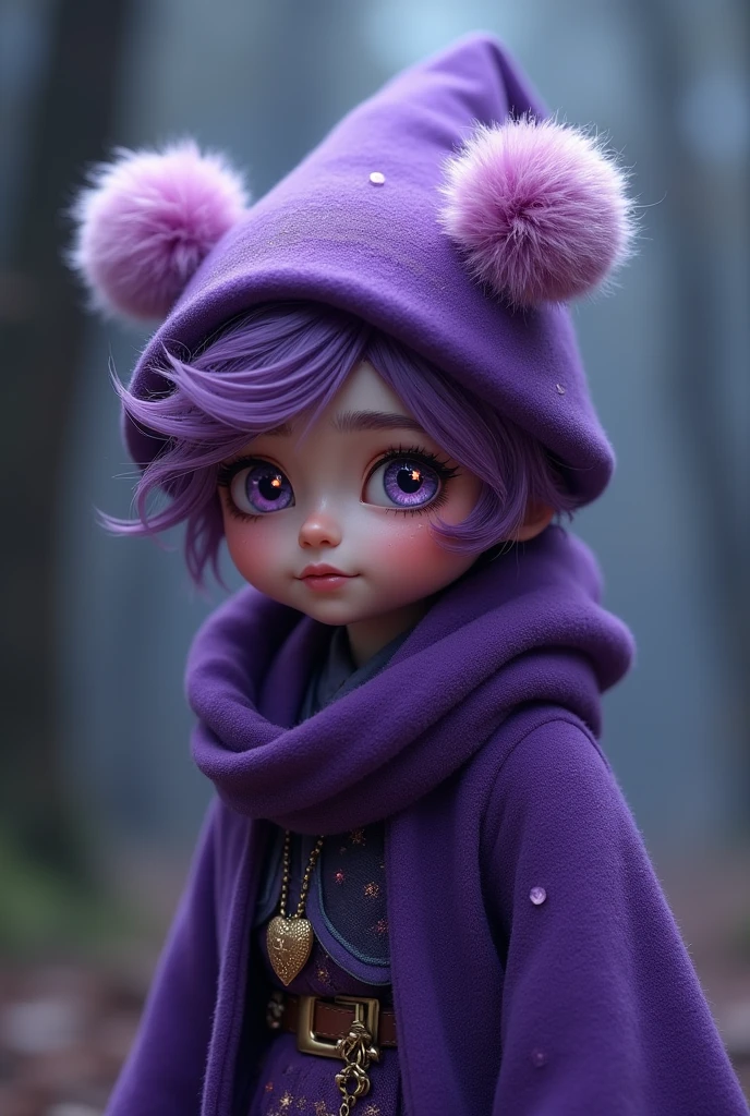 A wizard cute boy, about 20 years old, he has stars in his eyes, he has purple hair, his hair is curly, he is dressed in purple clothes all over, there are two purple fluffy balls on his hair, he himself is a star boy
and in Dark Fantasy and in real life