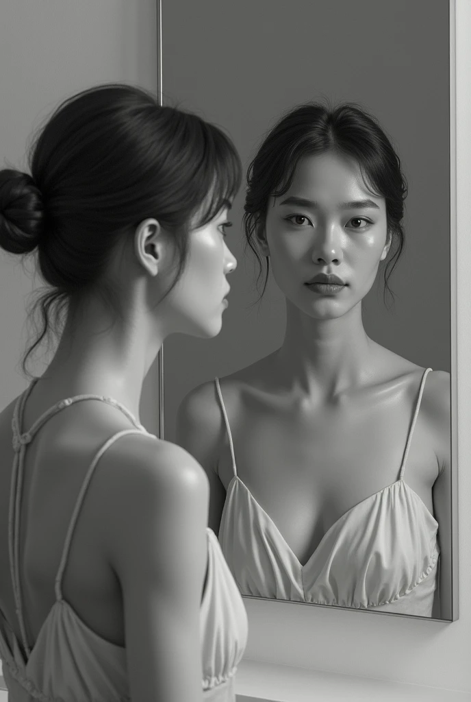(All photorealism scene:1.2), me and me in the mirror, grey