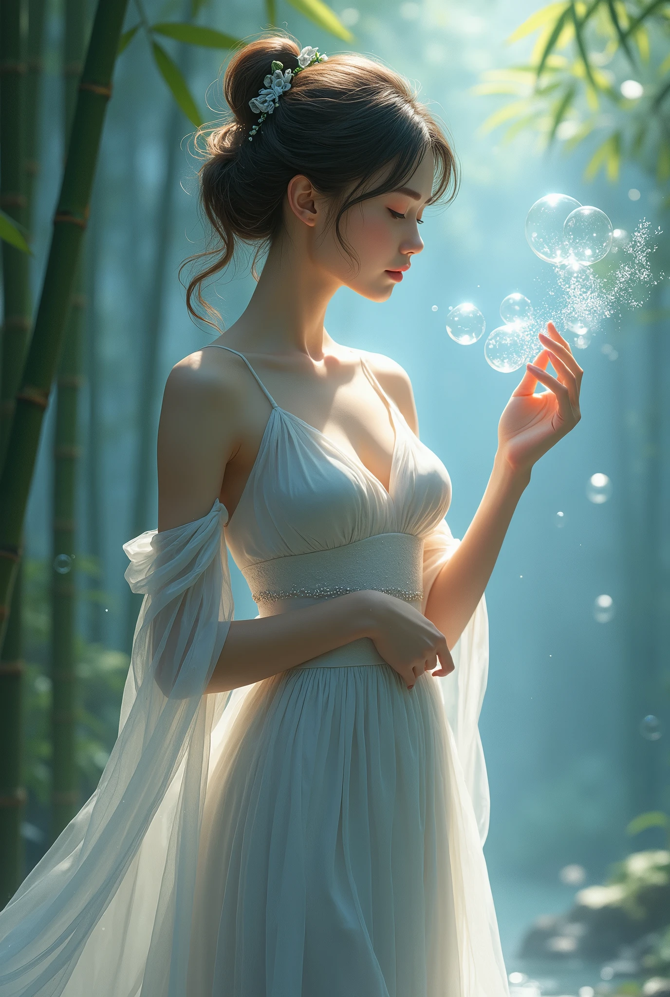 A whimsical scene unfolds in a Loish and Wallop-inspired . A woman, dressed in flowing attire, is the focal point of the composition. She blows ethereal bubbles, their translucent forms suspended in mid-air like delicate jewels. The bubbles' wispy tendrils curl around her fingers, as if drawn to her touch. In the background, a subtle gradient of blues and purples evokes a dreamy atmosphere, reminiscent of Anna Dittmann's style. Water magic swirls around her, with intricate details that invite the viewer to step into this fantastical world. She wears a tight, silver silk dress that hugs her slender body, accentuating her medium chest and toned shoulders. The dress is blown by the gentle tropical island breeze as she stands amidst a serene bamboo forest at dawn.In a softly focused, low-key lit scene, a stunning young woman lies provocatively on a lush flower garden, her off-the-shoulder top accentuating her cleavage and showy shoulders. Her big breasts are prominently displayed, and her plump body curves invitingly. She sports a bob haircut and a seductive gaze, with furrowed eyebrows adding to the mystique. The colorful t-shirt she wears is subtly textured to resemble flowers, while cold light emphasizes the definition of her toned physique. From above, the camera captures her enticing pose, showcasing her big thighs as she lies provocatively amidst the vibrant blooms. Her eyes lock onto the audience, exuding a playful, flirtatious vibe. Her full lips are painted with a subtle red hue, parted in a charming smile that hints at a mischievous personality. The camera captures her in stunning detail, from the transparent white skin to the delicate makeup on her face and the intricate hair details. The scene is bathed in soft, natural light, with a touch of virtual lighting effects to enhance the overall realism.
