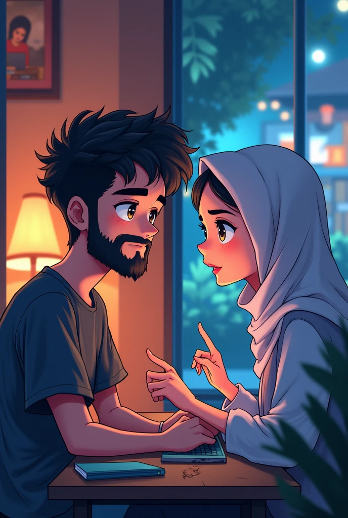 Anime Boy with beard and anime girl with hijab playing online game in different places.