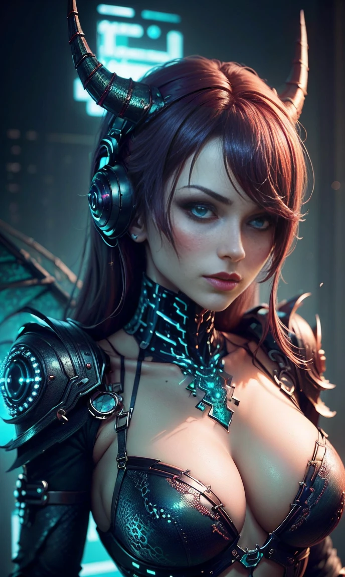 ((best qualityer)), ((work of art)), (detail: 1.4), 3d, cyber punk, a beautiful woman with medium breasts, wearing a very sexy dragon woman cosplay, dragon ears, dragon horns, dragon feather, SEMINUA, GREAT CLEAVAGE, very low-cut