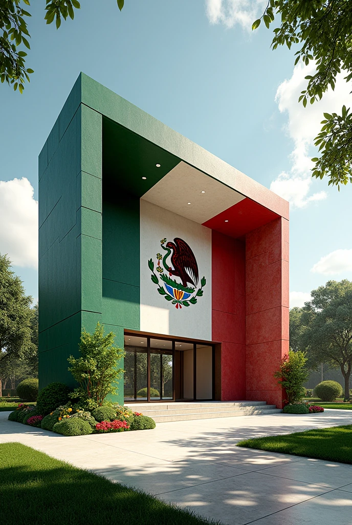 An architectural pavilion where the Mexican flag is used as a reference