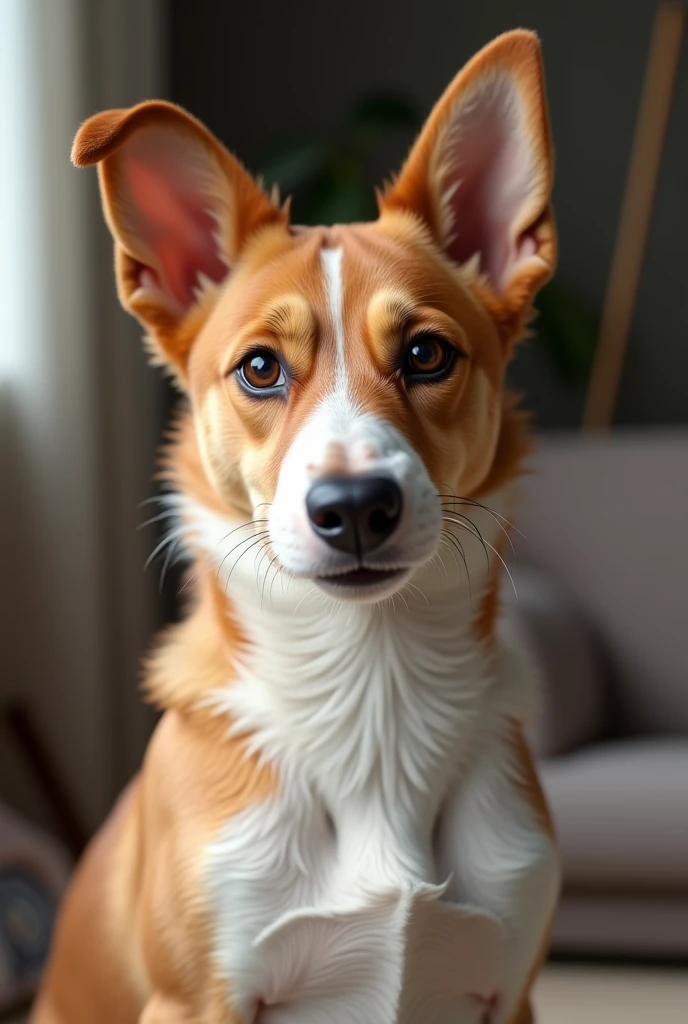 Jack Russell Terrier、Light brown hair all over the body、Does not include any coat color other than light brown、Dignified fur、Perky ears、Adorable expression、Adorable behavior、Expressions of affection、Sharp jawline、black々A slender nose、The background is the living room、Real Stick