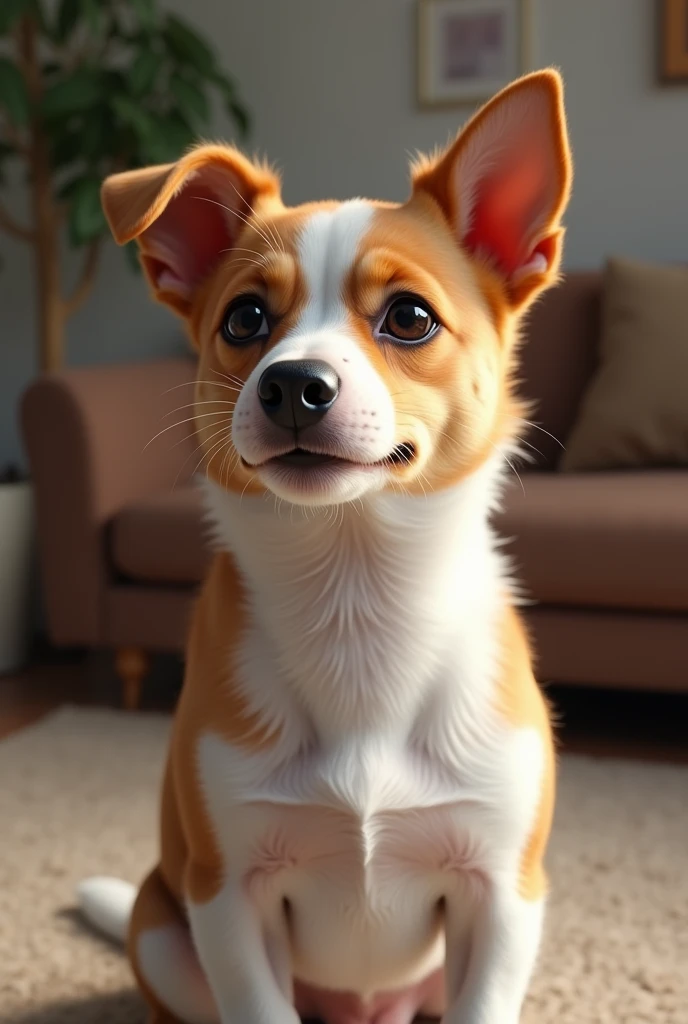 Jack Russell Terrier、Light brown hair all over the body、Does not include any coat color other than light brown、Dignified fur、Perky ears、Adorable expression、Adorable behavior、Expressions of affection、Sharp jawline、black々A slender nose、The background is the living room、Real Stick