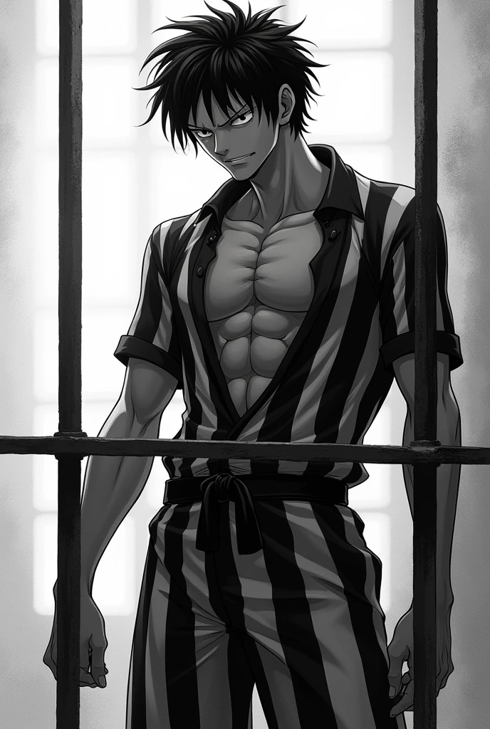 Monkey D. Luffy in black and white striped long sleeve prison uniform in sexual position