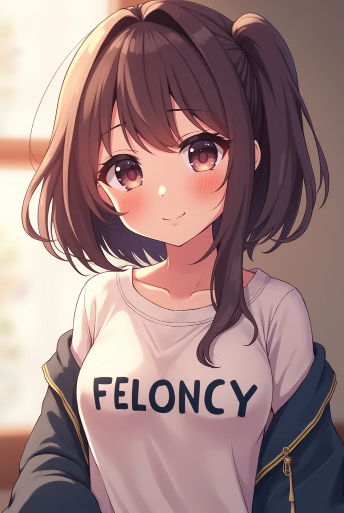 soft cutesy anime girl that has a shirt that says felony