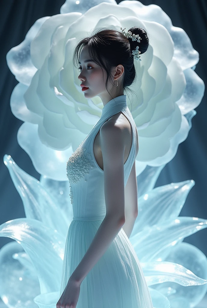 (Ice Sculpture:1.4),Movie Angle,(fan bingbing,  Ice Sculpture女孩,Anatomically correct,Full Body Love,杰作Ice Sculpture山茶花,Representative Works Hanfu,Smile)