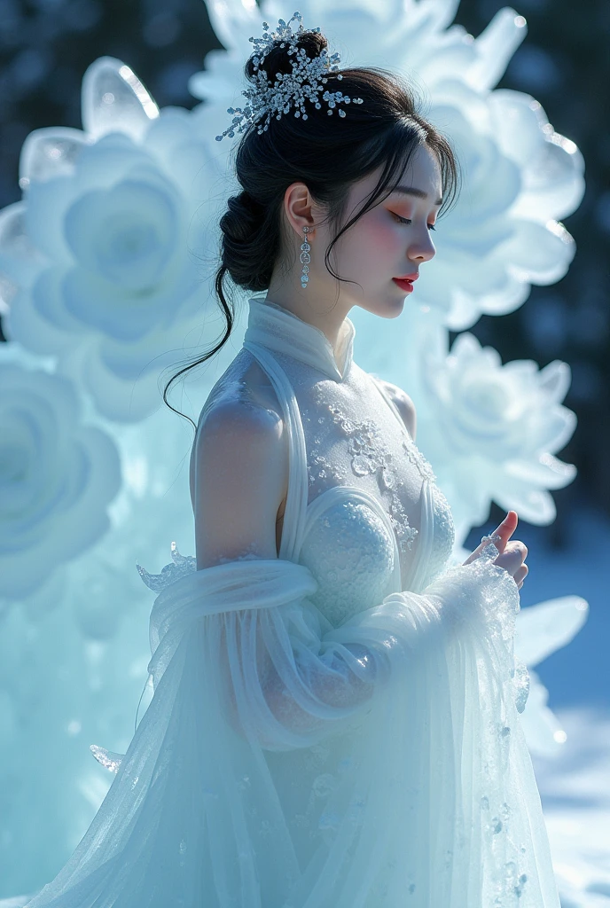 (Ice Sculpture:1.4),Movie Angle,(fan bingbing,  Ice Sculpture女孩,Anatomically correct,Full Body Love,杰作Ice Sculpture山茶花,Representative Works Hanfu,Smile)