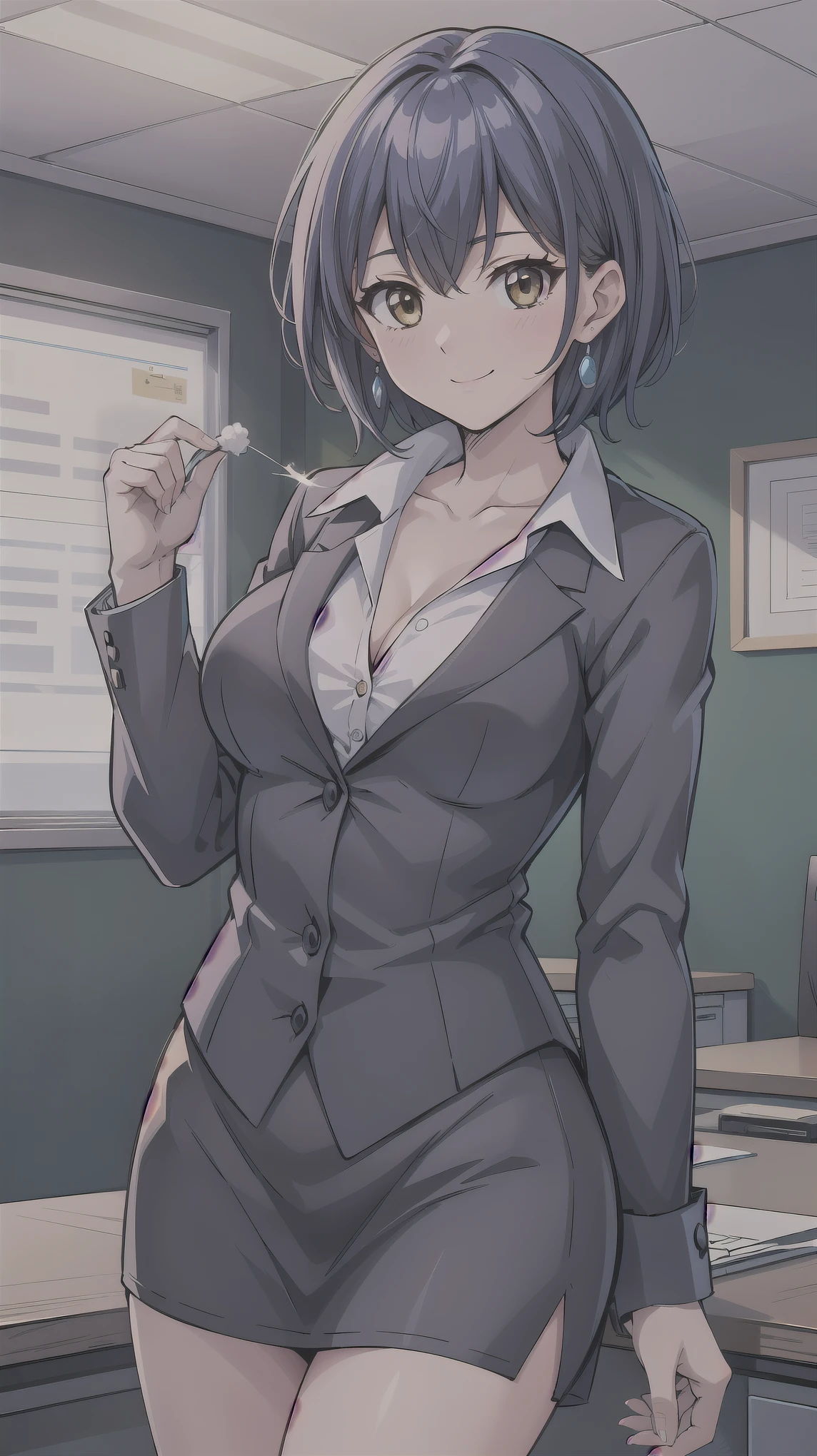 ((super high quality,))((Ultra-high resolution,))(16K,)(super masterpiece,)((Ultra HD ,))(Detailed shading,)One sexy office lady,popped Tight collar White shirts,smile,Office in the morning sun,