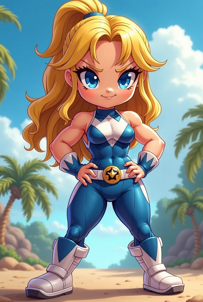 Chibi, muscle  girl, sexy, cute, tiny smile, blue eyes, sunnny day, power rangers blue white latex clothes, ombreira, yellow hair, thicc,cartoon, big breasts
