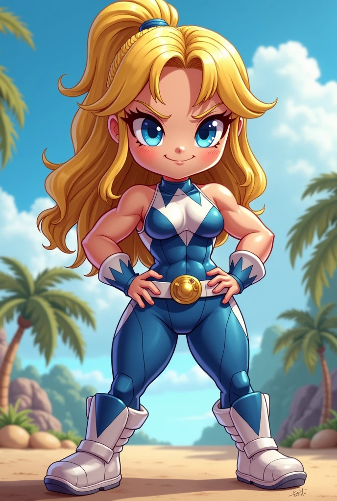 Chibi, muscle ??? girl, sexy, cute, tiny smile, blue eyes, sunnny day, power rangers blue white latex clothes, ombreira, yellow hair, thicc,cartoon, big breasts