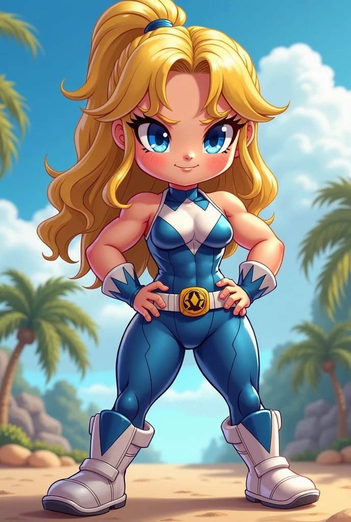 Chibi, muscle girl, sexy, cute, tiny smile, blue eyes, sunnny day, power rangers blue white latex clothes, ombreira, yellow hair, thicc,cartoon, big breasts