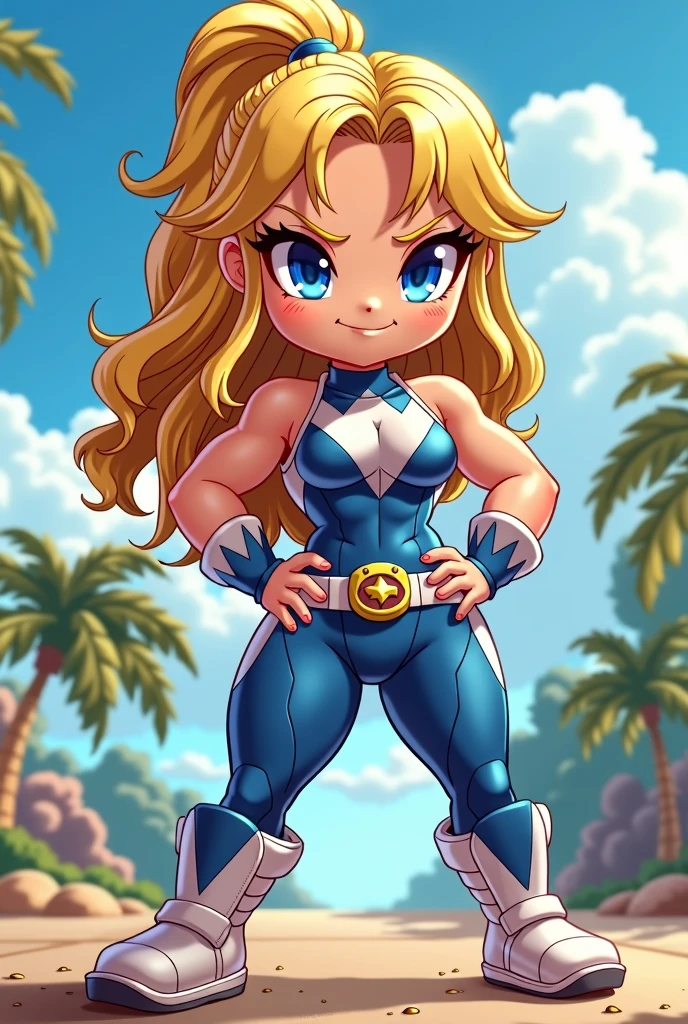 Chibi, muscle ??? girl, sexy, cute, tiny smile, blue eyes, sunnny day, power rangers blue white latex clothes, ombreira, yellow hair, thicc,cartoon, big breasts
